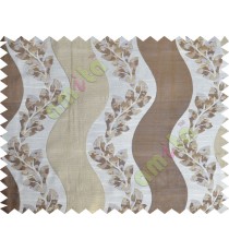 Brown gold white color vertical flowing stripes with flower pattern poly main curtain - 104433