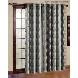 Black beige grey color vertical flowing stripes with flower pattern poly main curtain - 104415