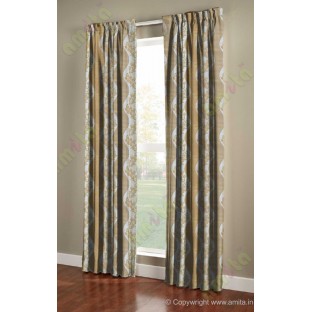 Beige gold white color vertical flowing stripes with flower pattern poly main curtain - 104424