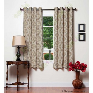 Brown beige gold color beautiful motif pattern with horizontal pencil stripes poly main curtains design - 104430