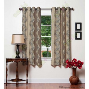 Brown gold white color vertical flowing stripes with flower pattern poly main curtain - 104433