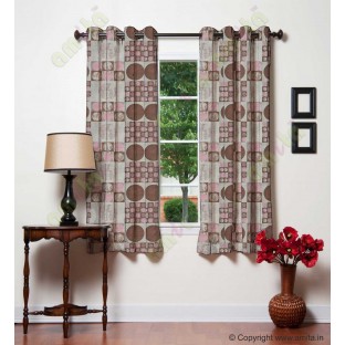 Pink brown beige color geometric pattern with horizontal pencil stripes poly main curtains design - 104441