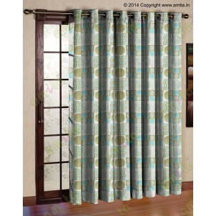 Green blue beige color geometric pattern with horizontal pencil stripes poly main curtains design - 104450