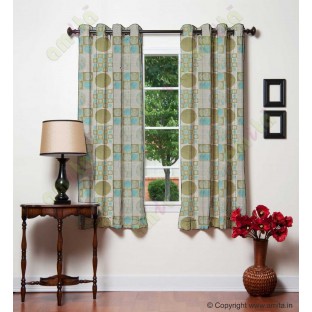 Green blue beige color geometric pattern with horizontal pencil stripes poly main curtains design - 104450