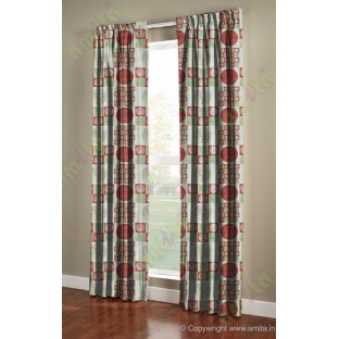 Green maroon beige color geometric pattern with horizontal pencil stripes poly main curtains design - 104467