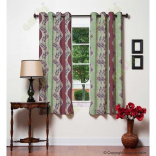 Green maroon beige color vertical flowing stripes with flower pattern poly main curtain - 104468