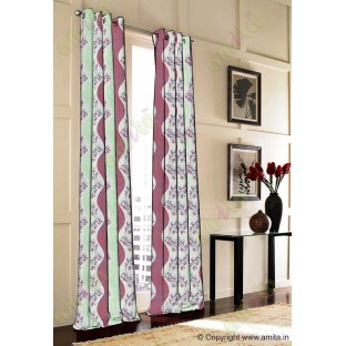 Green maroon beige color vertical flowing stripes with flower pattern poly main curtain - 104468