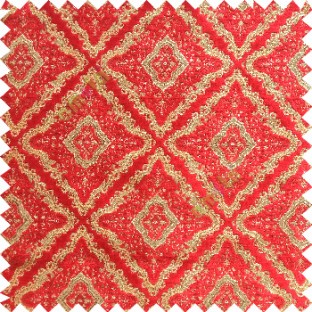 Red gold brown color traditional moroccan pattern texture surface geometric square dice shapes slant crossing lines sofa fabric