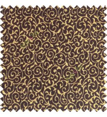 Dark chocolate brown gold color traditional small swirls pattern carved designs velvet surface soft touch sofa fabric