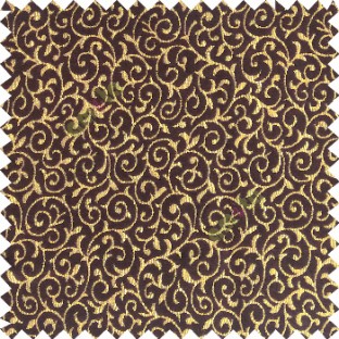 Dark chocolate brown gold color traditional small swirls pattern carved designs velvet surface soft touch sofa fabric