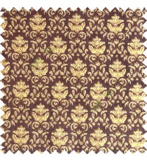 Dark chocolate brown gold color traditional small damask pattern floral leaf velvet surface soft touch sofa fabric