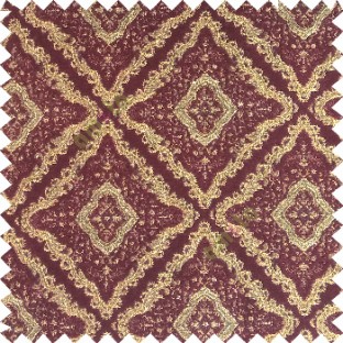 Purple gold color traditional moroccan pattern texture surface geometric square dice shapes slant crossing lines sofa fabric
