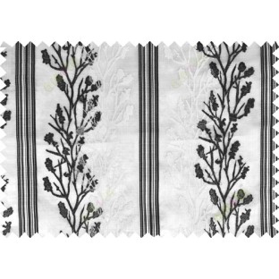 Black white beige color twigs with stripes poly sheer curtain - 102488