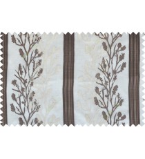 Brown beige white color twigs with stripes poly sheer curtain - 102498
