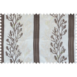 Brown beige white color twigs with stripes poly sheer curtain - 102498
