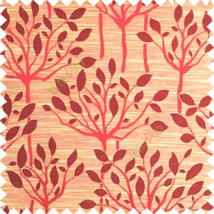 Maroon beige color natural finished tree with leaf design texture and horizontal lines polyester main curtain fabric