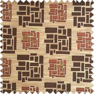 Dark brown with beige color rectangular and cube shapes geometric patterns horizontal lines polyester main curtain fabric