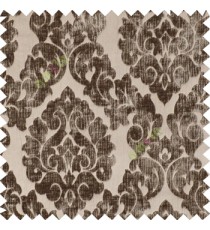 Brown color Traditional big damask design soft velvet finished surface with vertical crushed stripes background swirls pattern sofa fabric