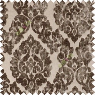Brown color Traditional big damask design soft velvet finished surface with vertical crushed stripes background swirls pattern sofa fabric