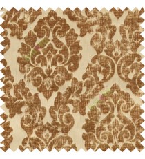 Mustard brown color Traditional big damask design soft velvet finished surface with vertical crushed stripes background swirls pattern sofa fabric