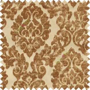 Mustard brown color Traditional big damask design soft velvet finished surface with vertical crushed stripes background swirls pattern sofa fabric