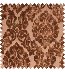 Copper brown color Traditional big damask design soft velvet finished surface with vertical crushed stripes background swirls pattern sofa fabric