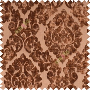 Copper brown color Traditional big damask design soft velvet finished surface with vertical crushed stripes background swirls pattern sofa fabric
