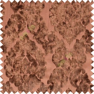 Dark chocolate brown color Traditional big damask design soft velvet finished surface with vertical crushed stripes background swirls pattern sofa fabric
