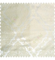 Beige cream color traditional embossed designs damask pattern flowers leaf swirls shiny base fabric polyester thick background main curtain
