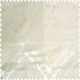 Beige cream color traditional embossed designs damask pattern flowers leaf swirls shiny base fabric polyester thick background main curtain
