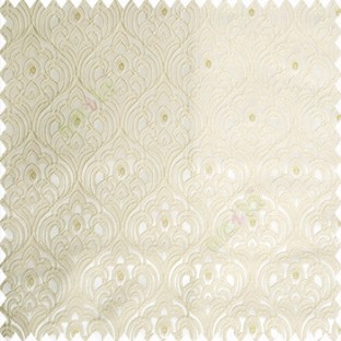 Beige gold cream color traditional embroidery patterns damask with golden oval shaped designs swirls texture finished base polyester fabric main curtain