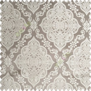 Grey cream color traditional embossed designs damask pattern flowers leaf swirls shiny base fabric polyester thick background main curtain