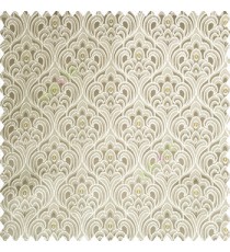 Cream grey color traditional embroidery patterns damask with golden oval shaped designs swirls texture finished base polyester fabric main curtain