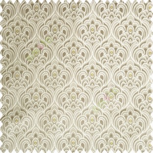 Cream grey color traditional embroidery patterns damask with golden oval shaped designs swirls texture finished base polyester fabric main curtain