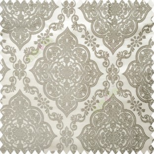 Grey color traditional embossed designs damask pattern flowers leaf swirls shiny base fabric polyester thick background main curtain