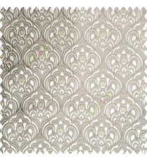 Grey gold color traditional embroidery patterns damask with golden oval shaped designs swirls texture finished base polyester fabric main curtain