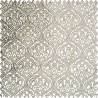 Grey gold color traditional embroidery patterns damask with golden oval shaped designs swirls texture finished base polyester fabric main curtain