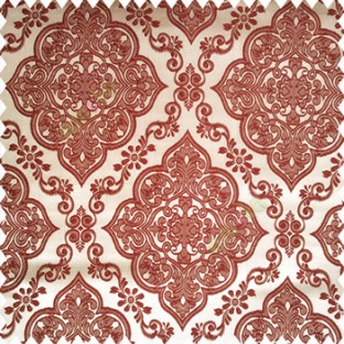 Maroon brown color traditional embossed designs damask pattern flowers leaf swirls shiny base fabric polyester thick background main curtain