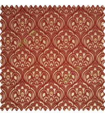 Maroon brown gold color traditional embroidery patterns damask with golden oval shaped designs swirls texture finished base polyester fabric main curtain