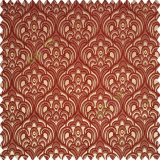 Maroon brown gold color traditional embroidery patterns damask with golden oval shaped designs swirls texture finished base polyester fabric main curtain