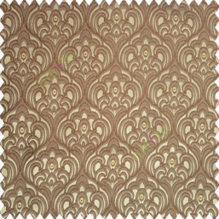 Tortilla brown color traditional embroidery patterns damask with golden oval shaped designs swirls texture finished base polyester fabric main curtain
