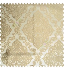 Gold beige color traditional embossed designs damask pattern flowers leaf swirls shiny base fabric polyester thick background main curtain