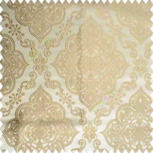 Gold beige color traditional embossed designs damask pattern flowers leaf swirls shiny base fabric polyester thick background main curtain