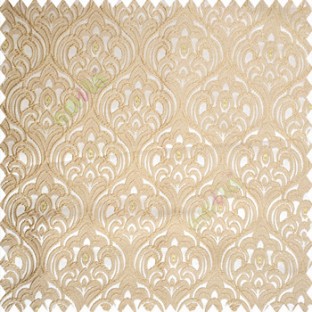Beige gold color traditional embroidery patterns damask with golden oval shaped designs swirls texture finished base polyester fabric main curtain