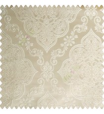 Cream color traditional embossed designs damask pattern flowers leaf swirls shiny base fabric polyester thick background main curtain