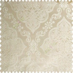 Cream color traditional embossed designs damask pattern flowers leaf swirls shiny base fabric polyester thick background main curtain