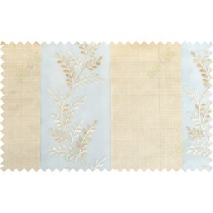 Beige white color thick fab stripes with embroidery leaf pattern poly sheer curtain - 103564