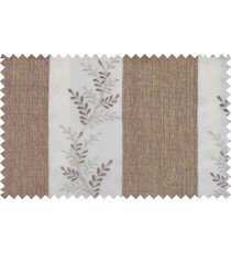 Brown beige color thick fab stripes with embroidery leaf pattern poly sheer curtain - 103566