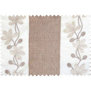 Brown gold beige color thick fab stripes with embroidery floral pattern poly sheer curtain - 113567