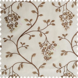 Light brown beige white color beautiful floral leaves embroidery pattern small flowers flowing tress flower buds cotton finished main curtain